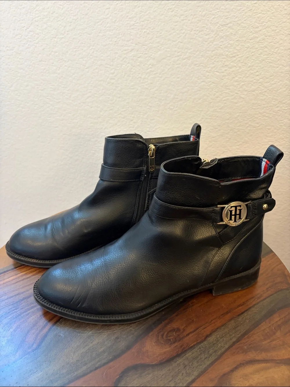 Tommy Hilfiger Black Faux Leather Booties with Gold Hardware